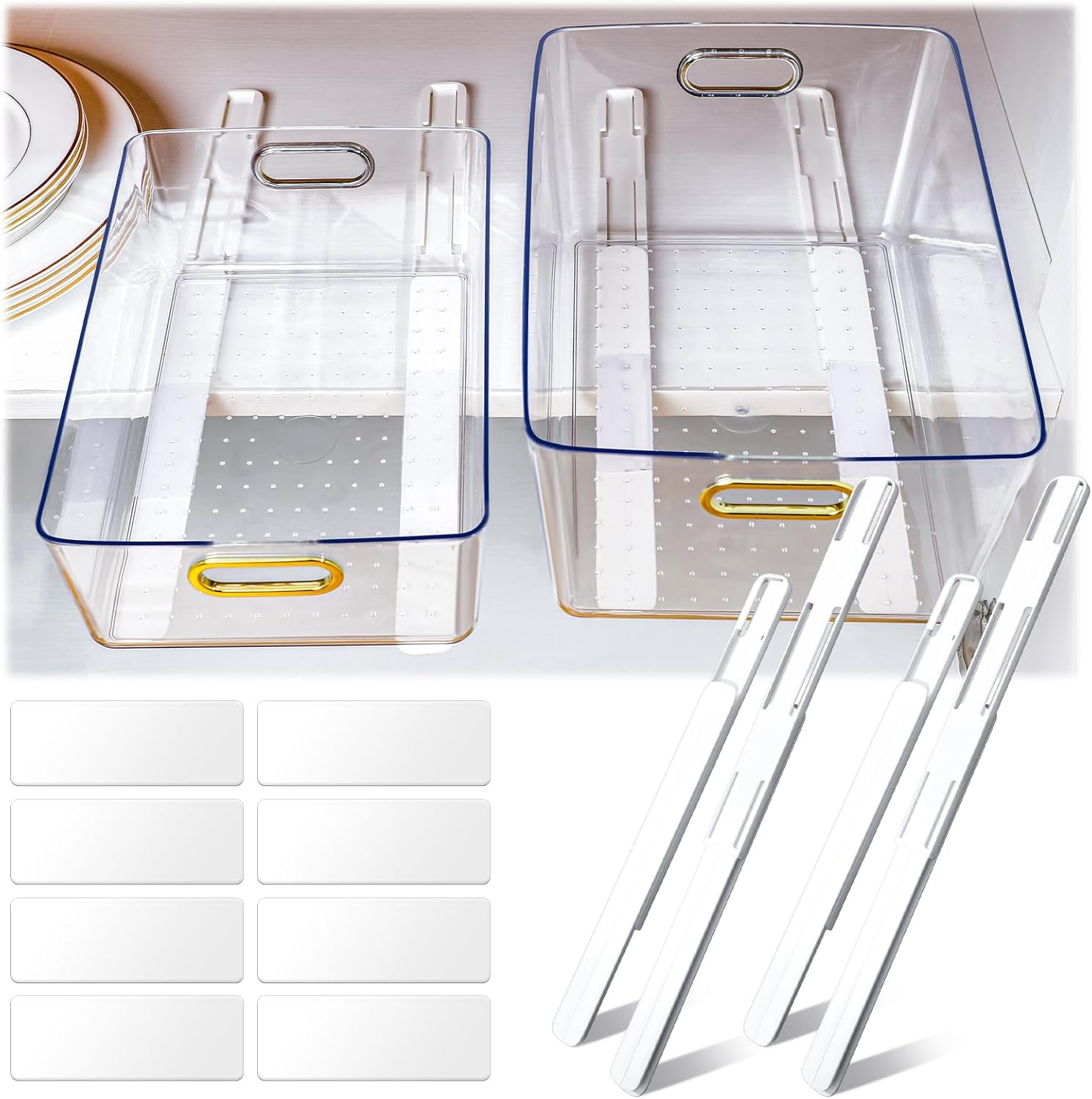 8 Pcs Clear Pull out Cabinet Organizer with 4 Pcs Adhesive Sliders Rails, Pull out Drawer Organizer Accessories Plastic Slide Storage Drawer for Office Kitchen Bathroom Home School